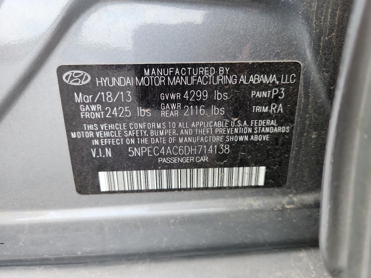 2013 Hyundai Sonata Se VIN: 5NPEC4AC6DH714138 Lot: 64853095