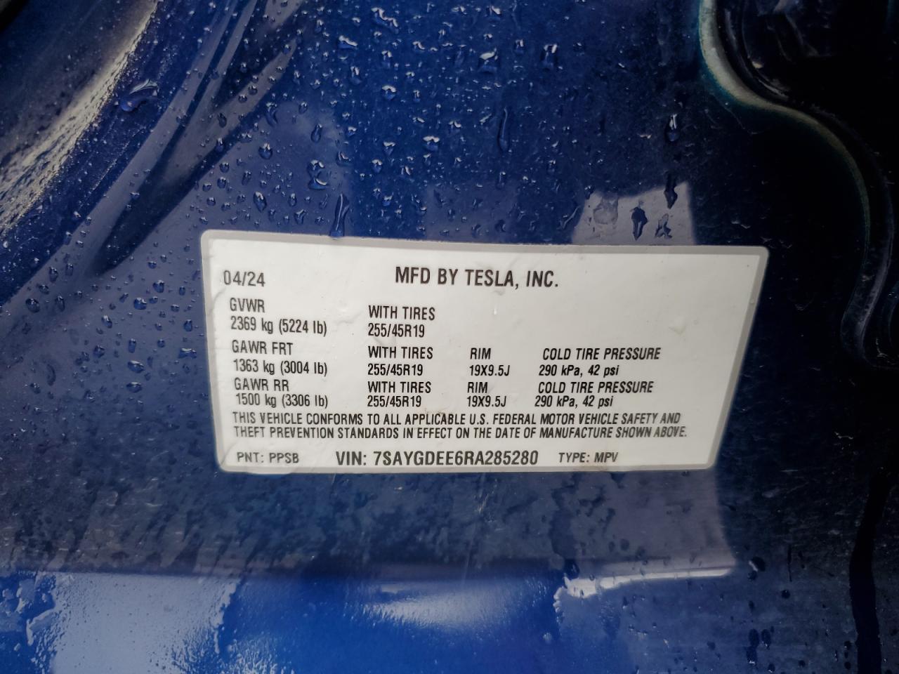 2024 Tesla Model Y VIN: 7SAYGDEE6RA285280 Lot: 65092485