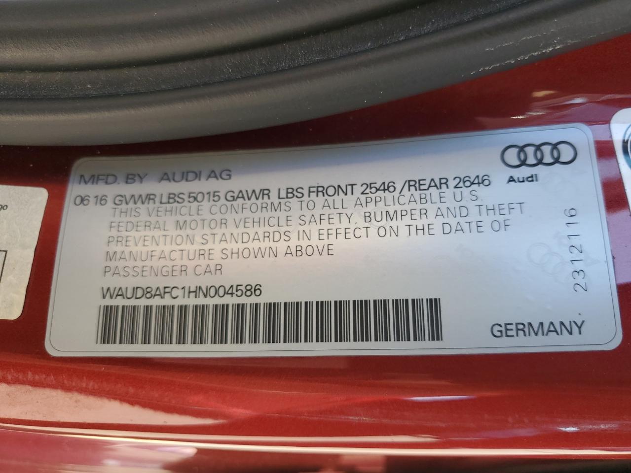 waud8afc1hn004586 WAUD8AFC1HN004586 2017 Audi A6 Premium Plus