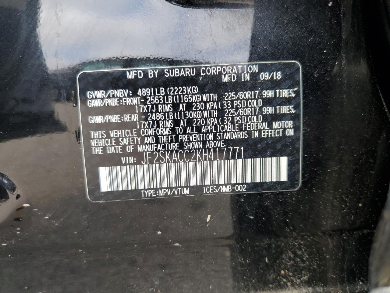 2019 Subaru Forester VIN: JF2SKACC2KH417771 Lot: 64578095