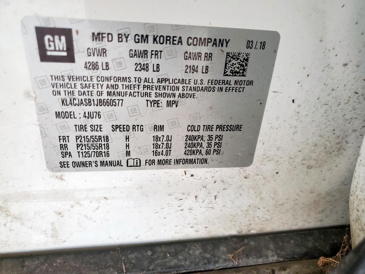 2018 Buick Encore Preferred VIN: KL4CJASB1JB660577 Lot: 64443765
