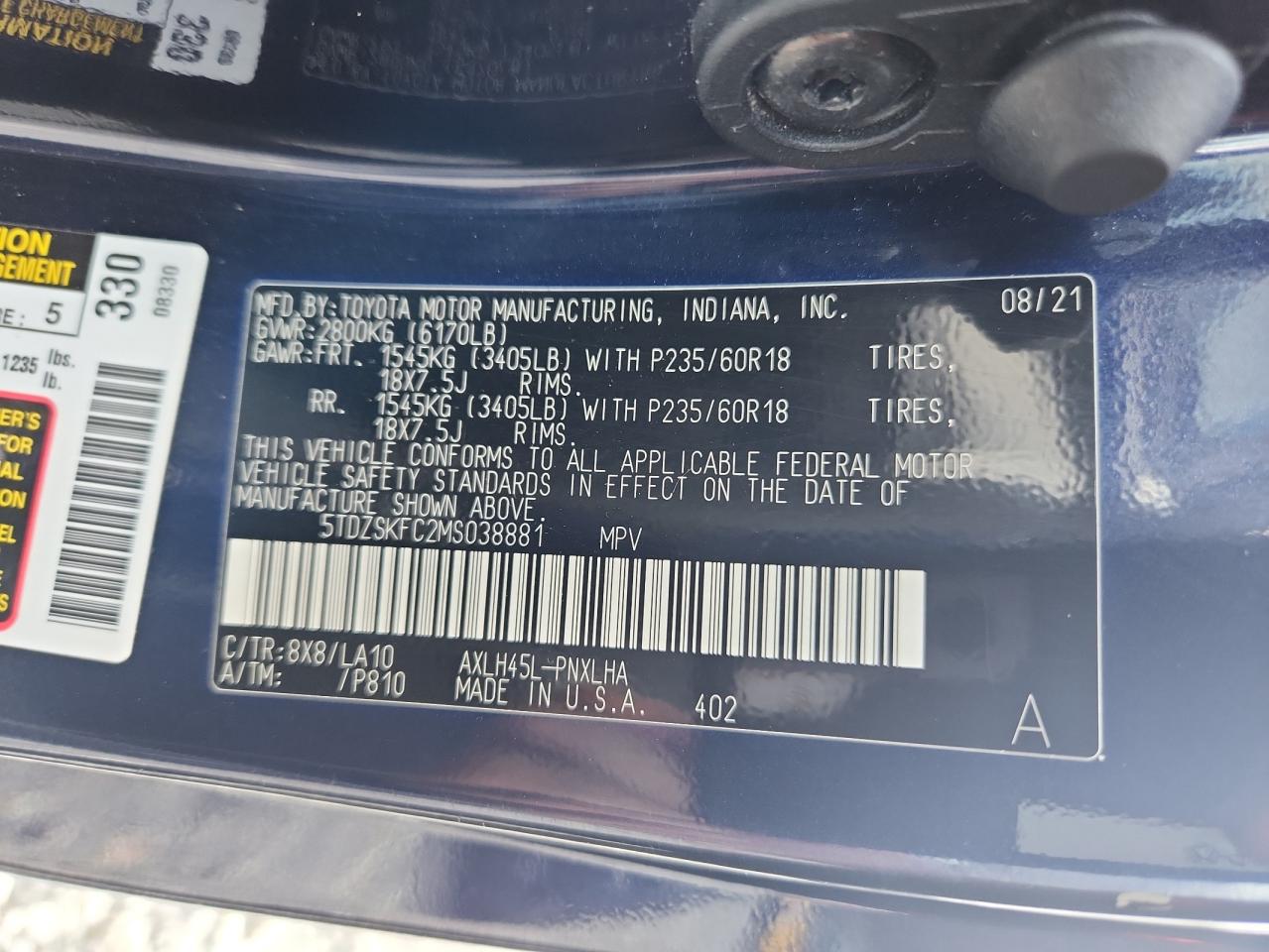 2021 Toyota Sienna Limited VIN: 5TDZSKFC2MS038881 Lot: 64804175