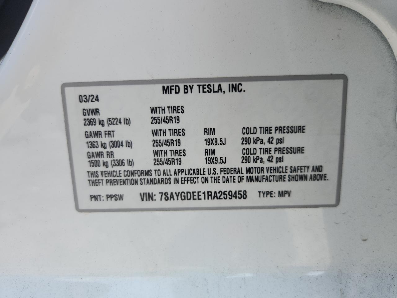 2024 Tesla Model Y VIN: 7SAYGDEE1RA259458 Lot: 62735315