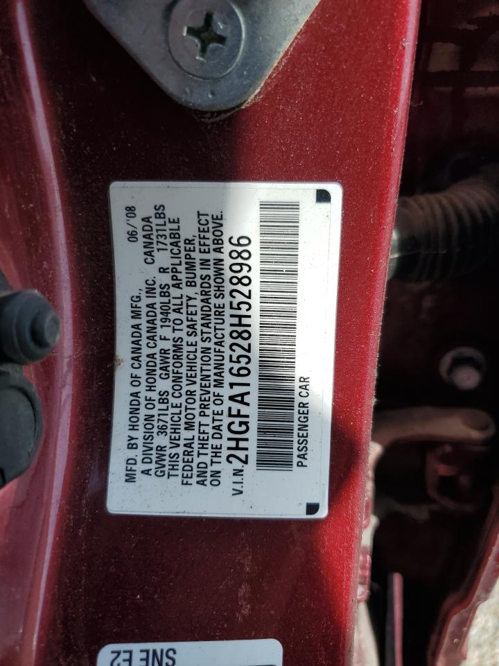 2008 Honda Civic Lx VIN: 2HGFA16528H528986 Lot: 67065955