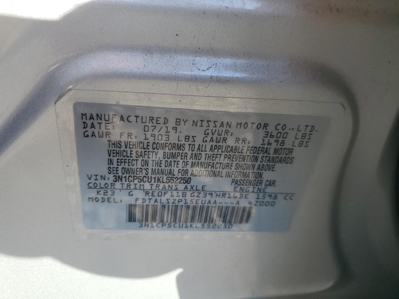2019 Nissan Kicks S VIN: 3N1CP5CU1KL552250 Lot: 65170775