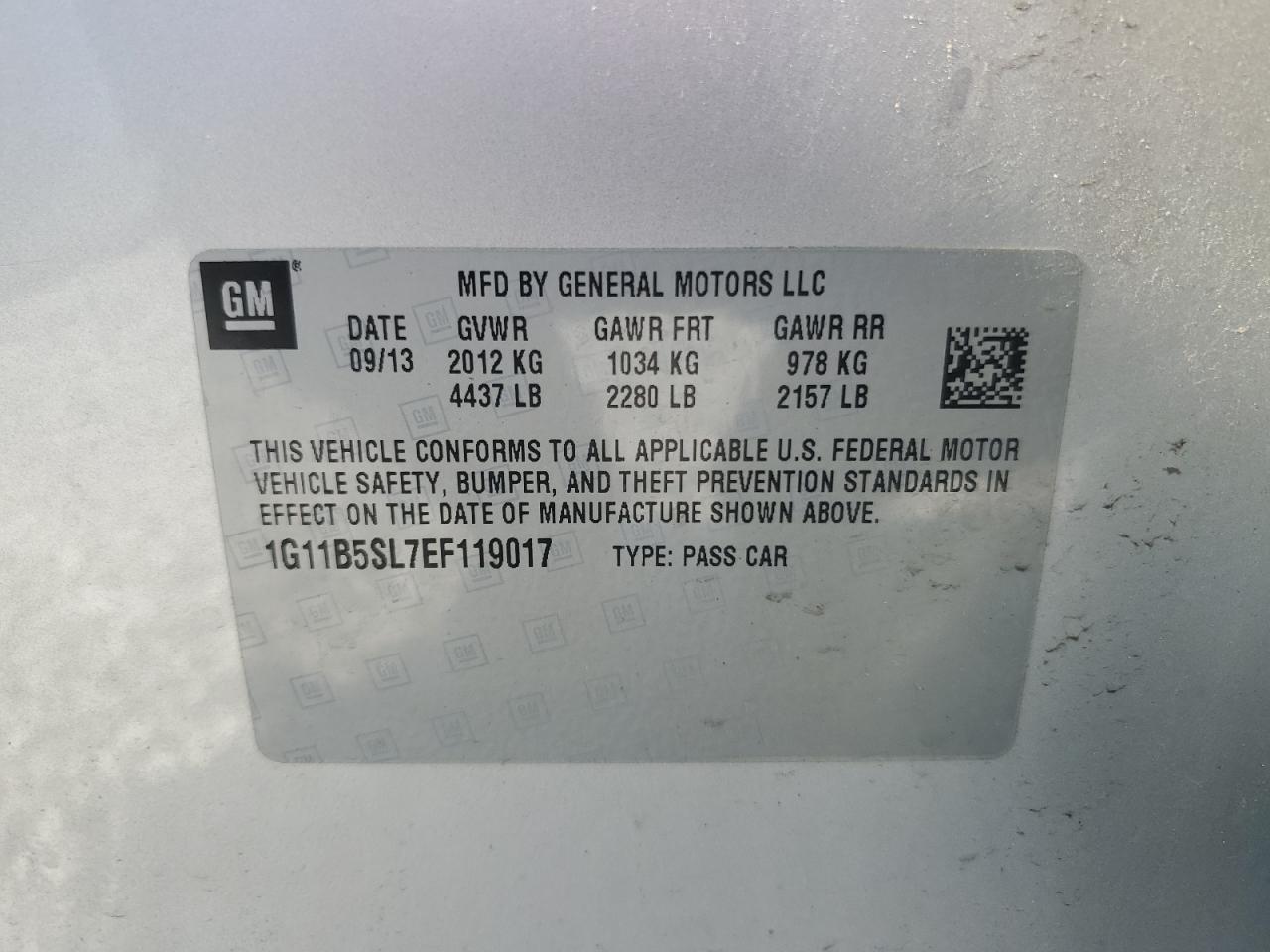 2014 Chevrolet Malibu Ls VIN: 1G11B5SL7EF119017 Lot: 63742165