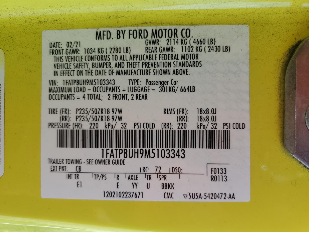 2021 Ford Mustang VIN: 1FATP8UH9M5103343 Lot: 64374405
