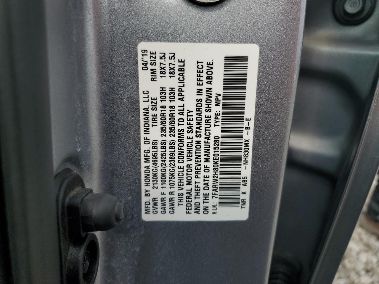 2019 Honda Cr-V Exl VIN: 7FARW2H80KE015280 Lot: 65028685