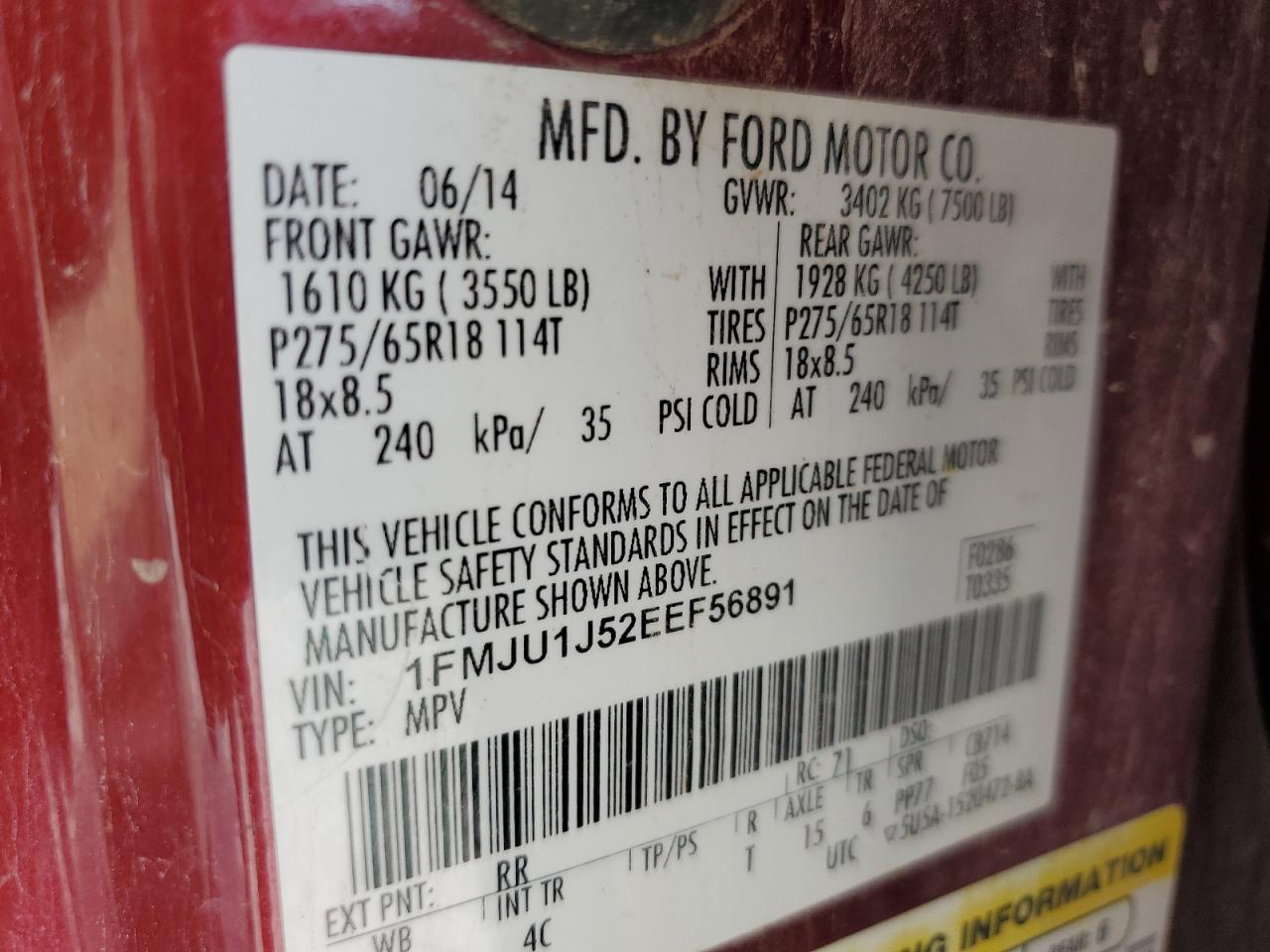 2014 Ford Expedition Xlt VIN: 1FMJU1J52EEF56891 Lot: 63375765