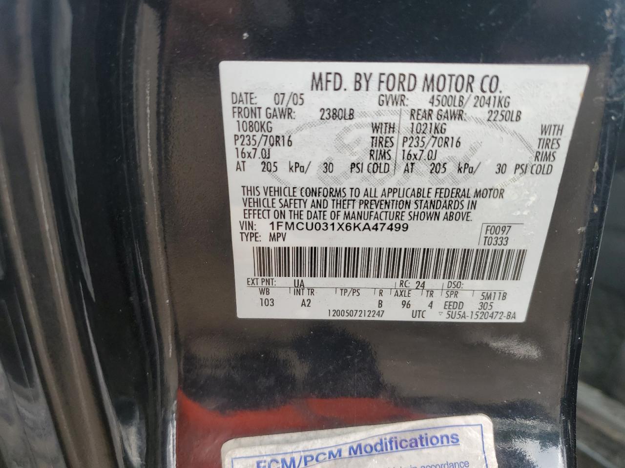 2006 Ford Escape Xlt VIN: 1FMCU031X6KA47499 Lot: 65188505