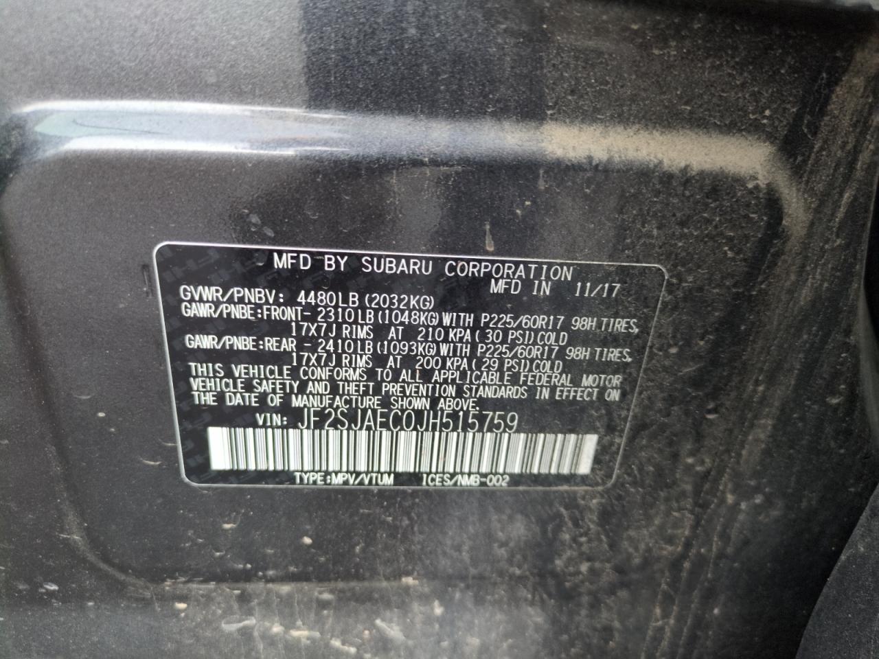 2018 Subaru Forester 2.5I Premium VIN: JF2SJAEC0JH515759 Lot: 64432665