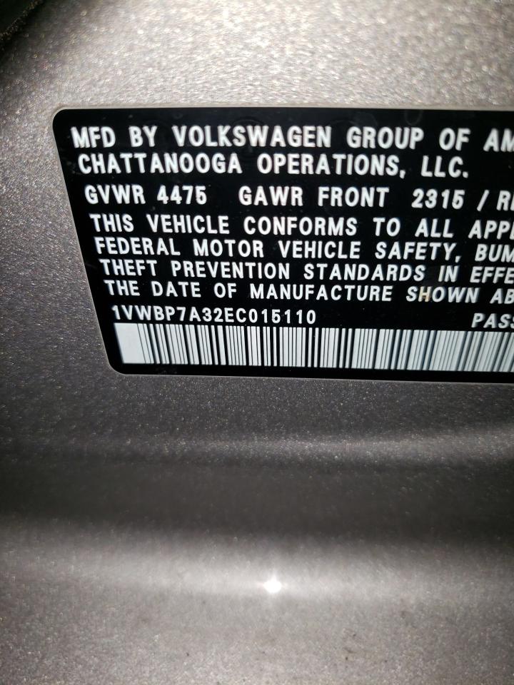 2014 Volkswagen Passat Se VIN: 1VWBP7A32EC015110 Lot: 65822505