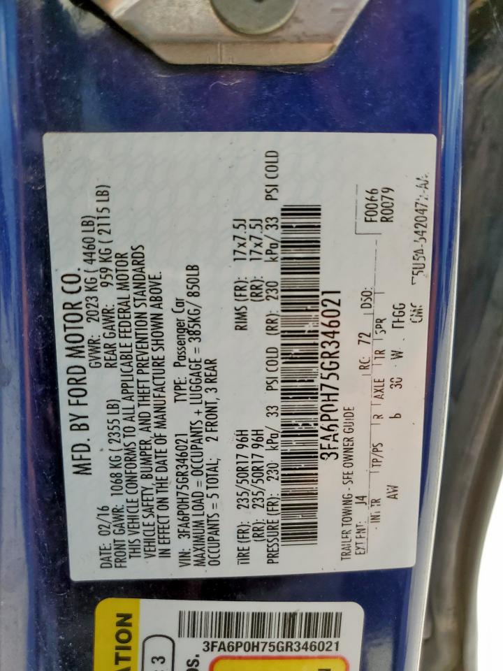 2016 Ford Fusion Se VIN: 3FA6P0H75GR346021 Lot: 62414015