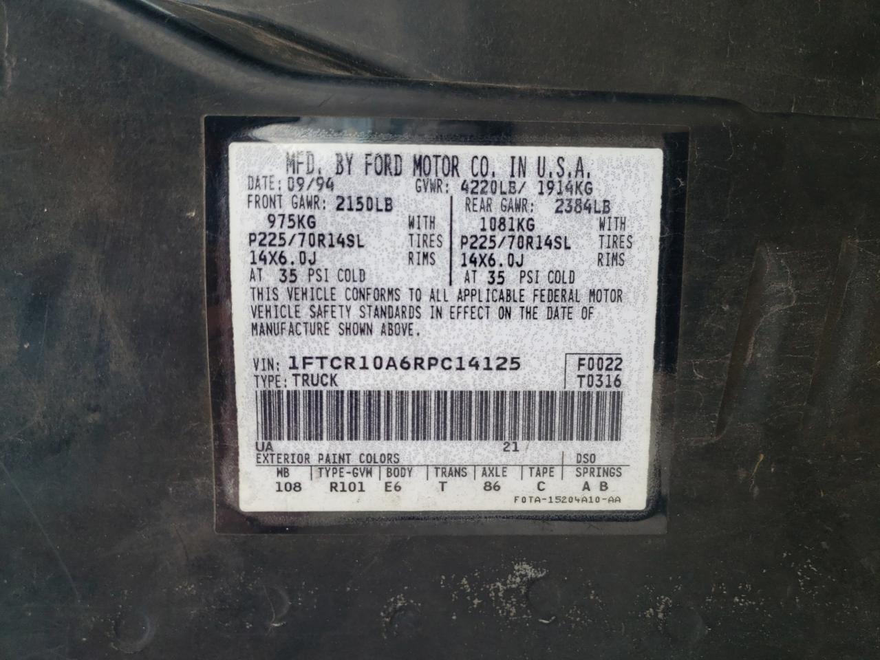 1994 Ford Ranger VIN: 1FTCR10A6RPC14125 Lot: 64786645
