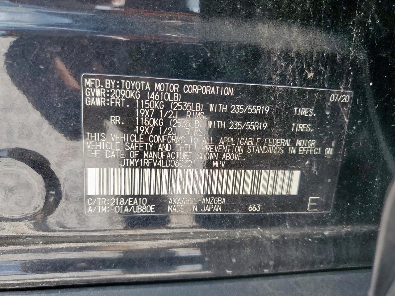 2020 Toyota Rav4 Limited VIN: JTMY1RFV4LD060321 Lot: 62830855