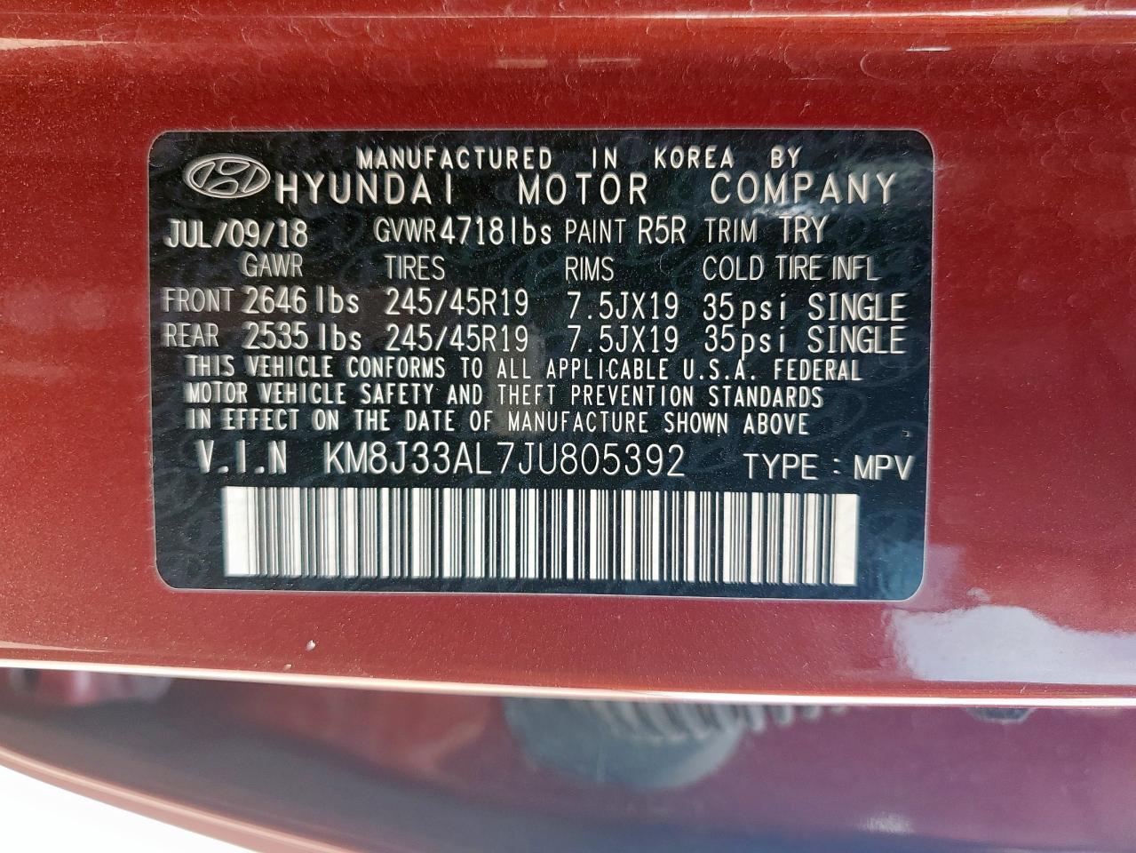 2018 Hyundai Tucson Sport VIN: KM8J33AL7JU805392 Lot: 65063575