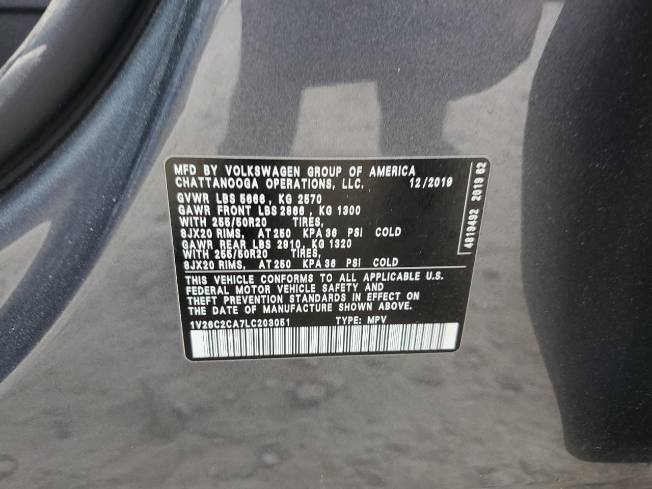 2020 Volkswagen Atlas Cross Sport Se VIN: 1V26C2CA7LC203051 Lot: 62683655