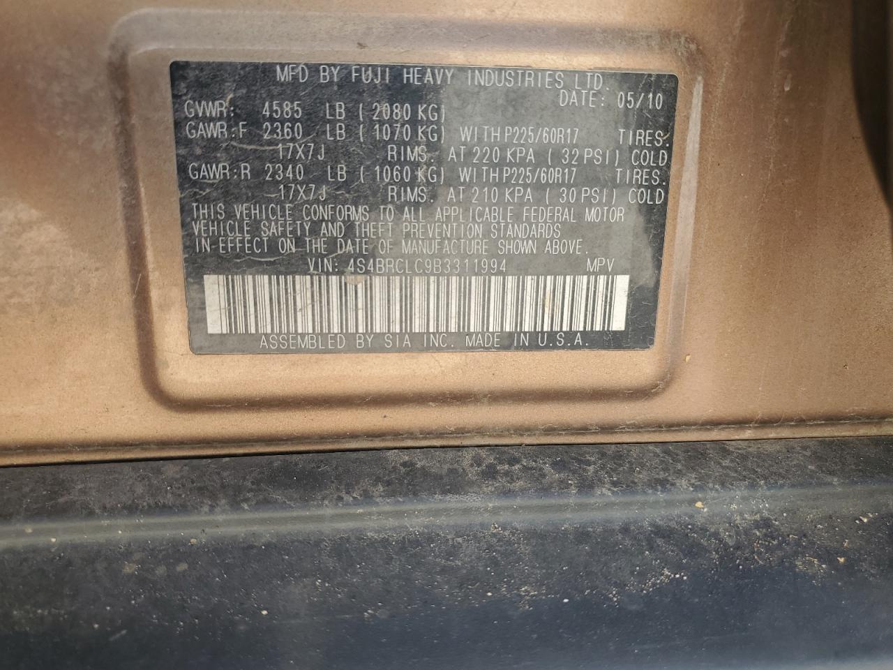 2011 Subaru Outback 2.5I Limited VIN: 4S4BRCLC9B3311994 Lot: 62704535