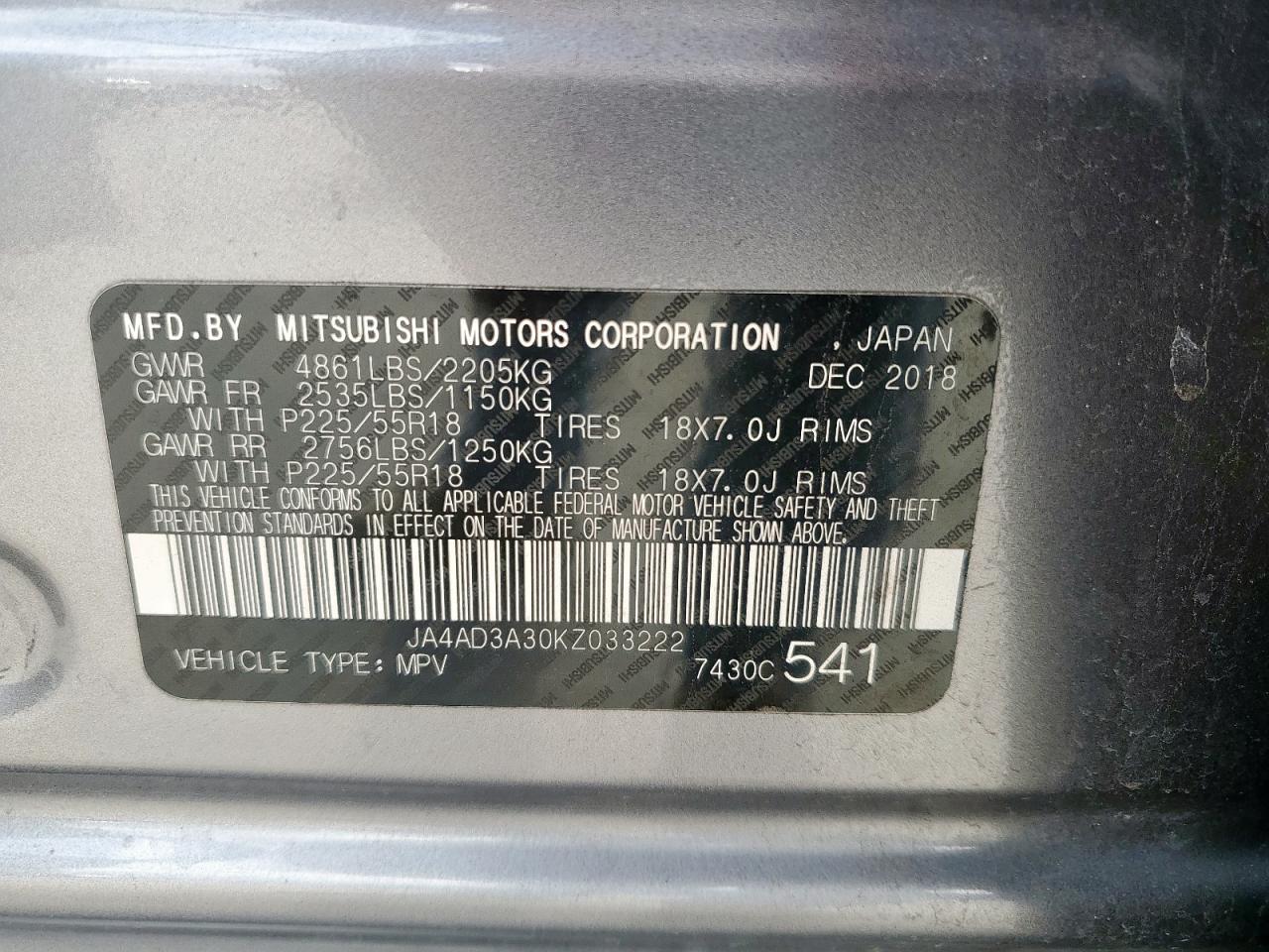 2019 Mitsubishi Outlander Se VIN: JA4AD3A30KZ033222 Lot: 65197855