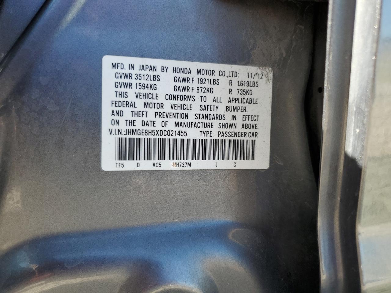 2013 Honda Fit Sport VIN: JHMGE8H5XDC021455 Lot: 64471655