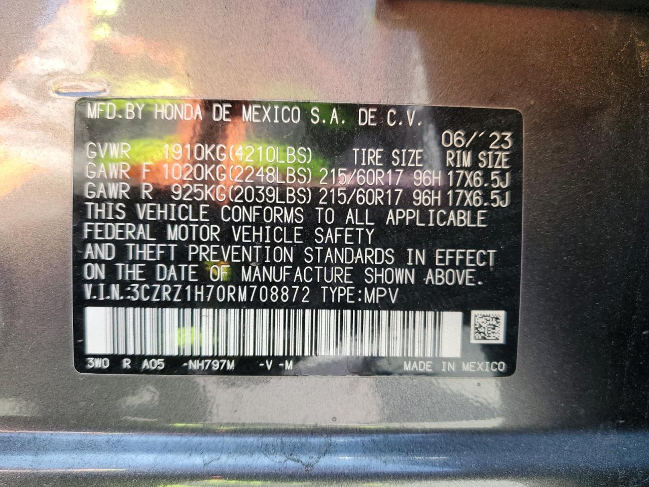 2024 Honda Hr-V Exl VIN: 3CZRZ1H70RM708872 Lot: 63070175