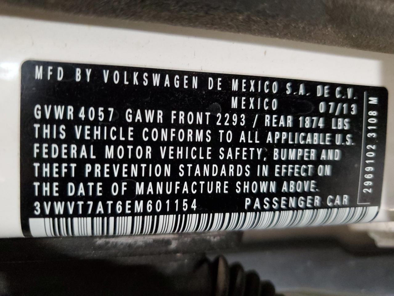 2014 Volkswagen Beetle Turbo VIN: 3VWVT7AT6EM601154 Lot: 66037665