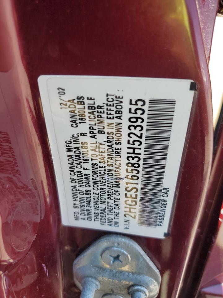 2003 Honda Civic Lx VIN: 2HGES16583H523955 Lot: 64690185