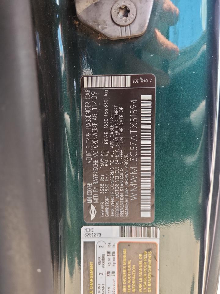 2010 Mini Cooper Clubman VIN: WMWML3C57ATX51594 Lot: 65019725
