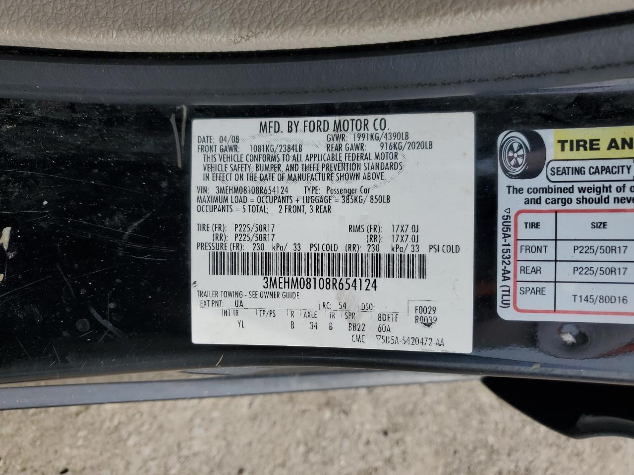 2008 Mercury Milan Premier VIN: 3MEHM08108R654124 Lot: 64568415