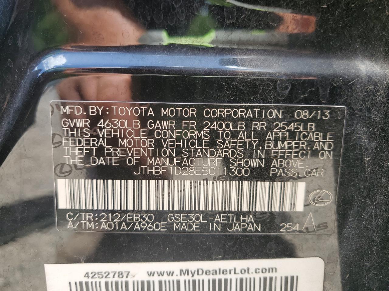 2014 Lexus Is 250 VIN: JTHBF1D28E5011300 Lot: 62997095