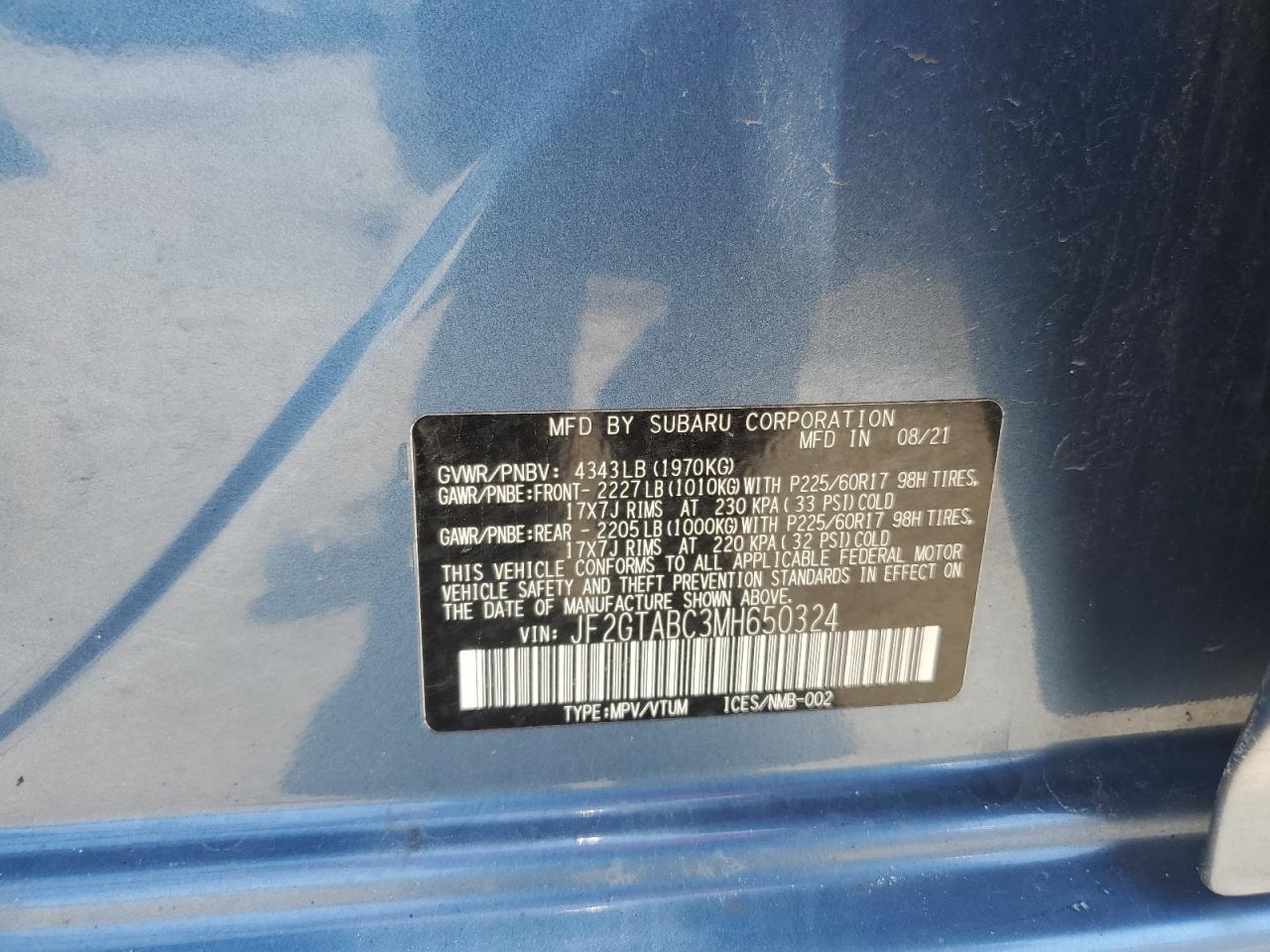 2021 Subaru Crosstrek VIN: JF2GTABC3MH650324 Lot: 62525765