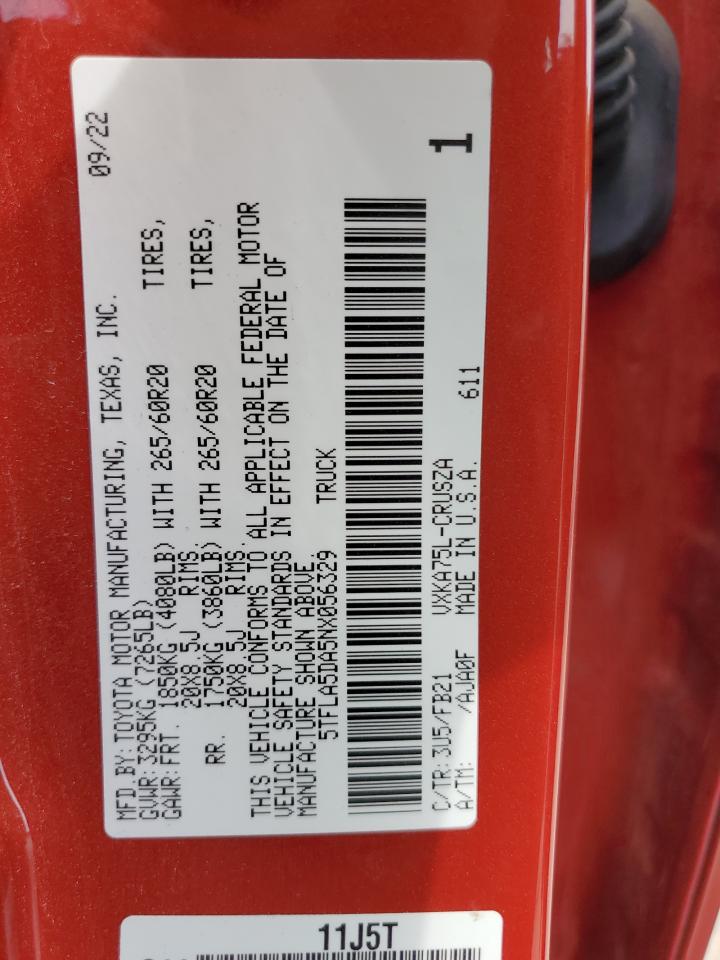 2022 Toyota Tundra Double Cab Sr VIN: 5TFLA5DA5NX056329 Lot: 64137425