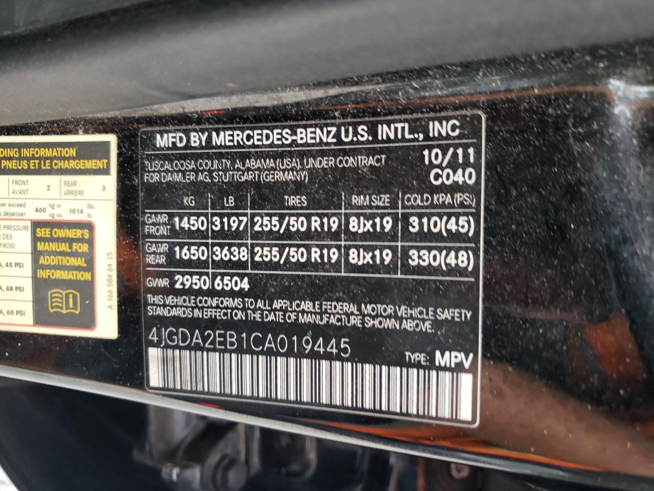 2012 Mercedes-Benz Ml 350 Bluetec VIN: 4JGDA2EB1CA019445 Lot: 64840035
