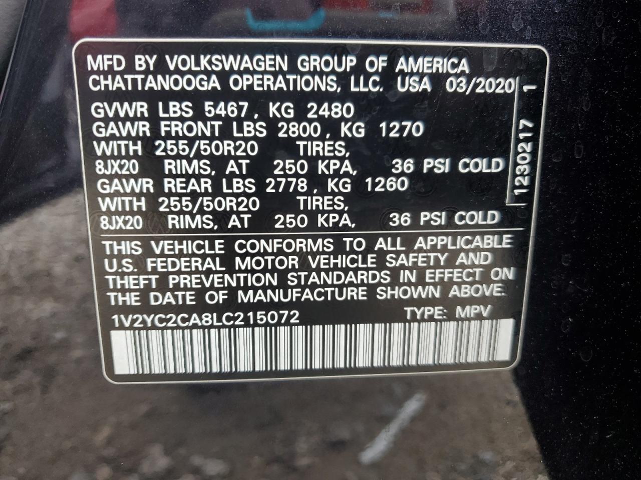 2020 Volkswagen Atlas Cross Sport Se VIN: 1V2YC2CA8LC215072 Lot: 64727075