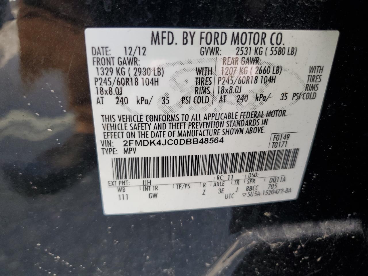 2013 Ford Edge Sel VIN: 2FMDK4JC0DBB48564 Lot: 64660165