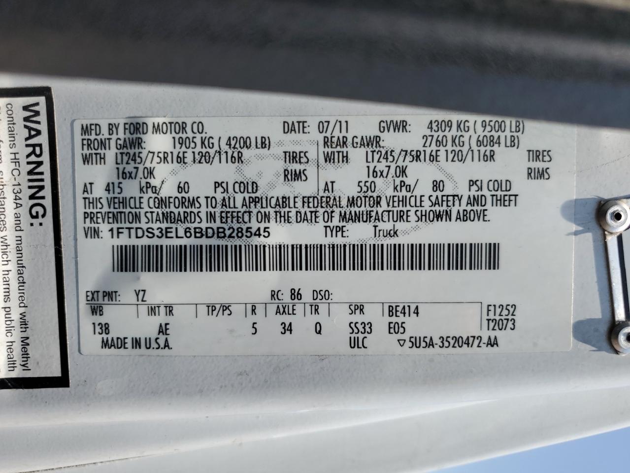 2011 Ford Econoline E350 Super Duty Van VIN: 1FTDS3EL6BDB28545 Lot: 64117275