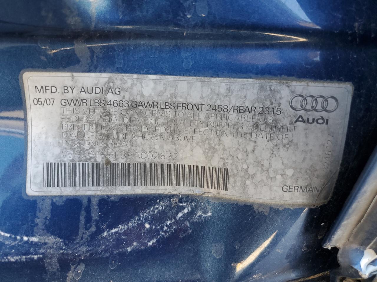 2008 Audi A4 2.0T VIN: WAUAF78E38A002632 Lot: 63795835