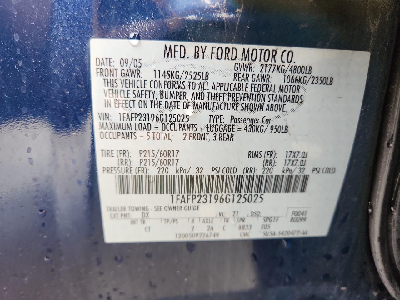 2006 Ford Five Hundred Se VIN: 1FAFP23196G125025 Lot: 61792935