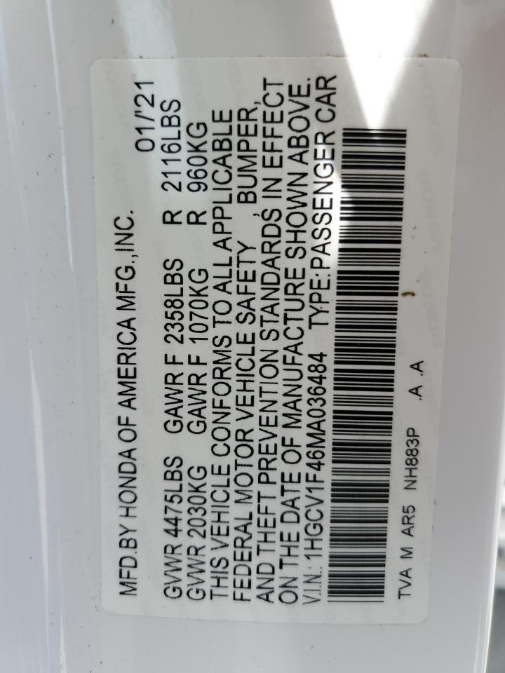2021 Honda Accord Sport Se VIN: 1HGCV1F46MA036484 Lot: 63785745