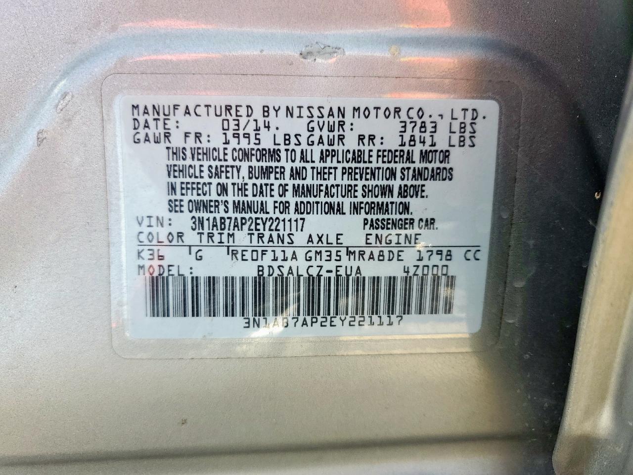 2014 Nissan Sentra S VIN: 3N1AB7AP2EY221117 Lot: 65235965