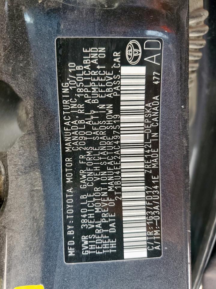 2010 Toyota Corolla Base VIN: 2T1BU4EE2AC497519 Lot: 64614915