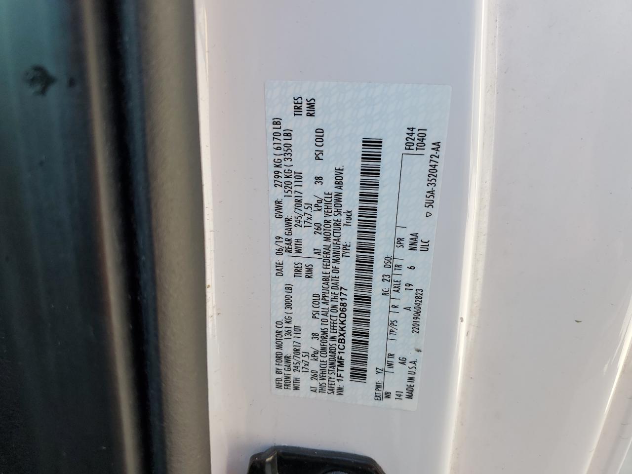 2019 Ford F150 VIN: 1FTMF1CBXKKD68177 Lot: 63522305