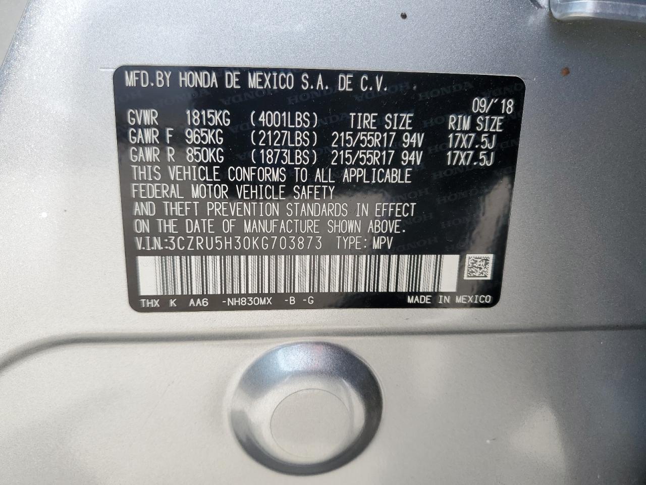 2019 Honda Hr-V Lx VIN: 3CZRU5H30KG703873 Lot: 65763395