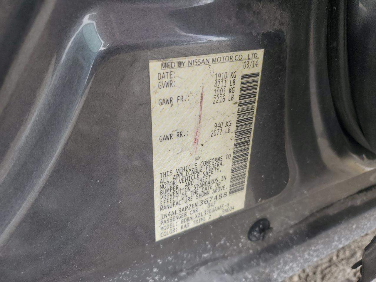 2014 Nissan Altima 2.5 VIN: 1N4AL3AP2EN367488 Lot: 64961795