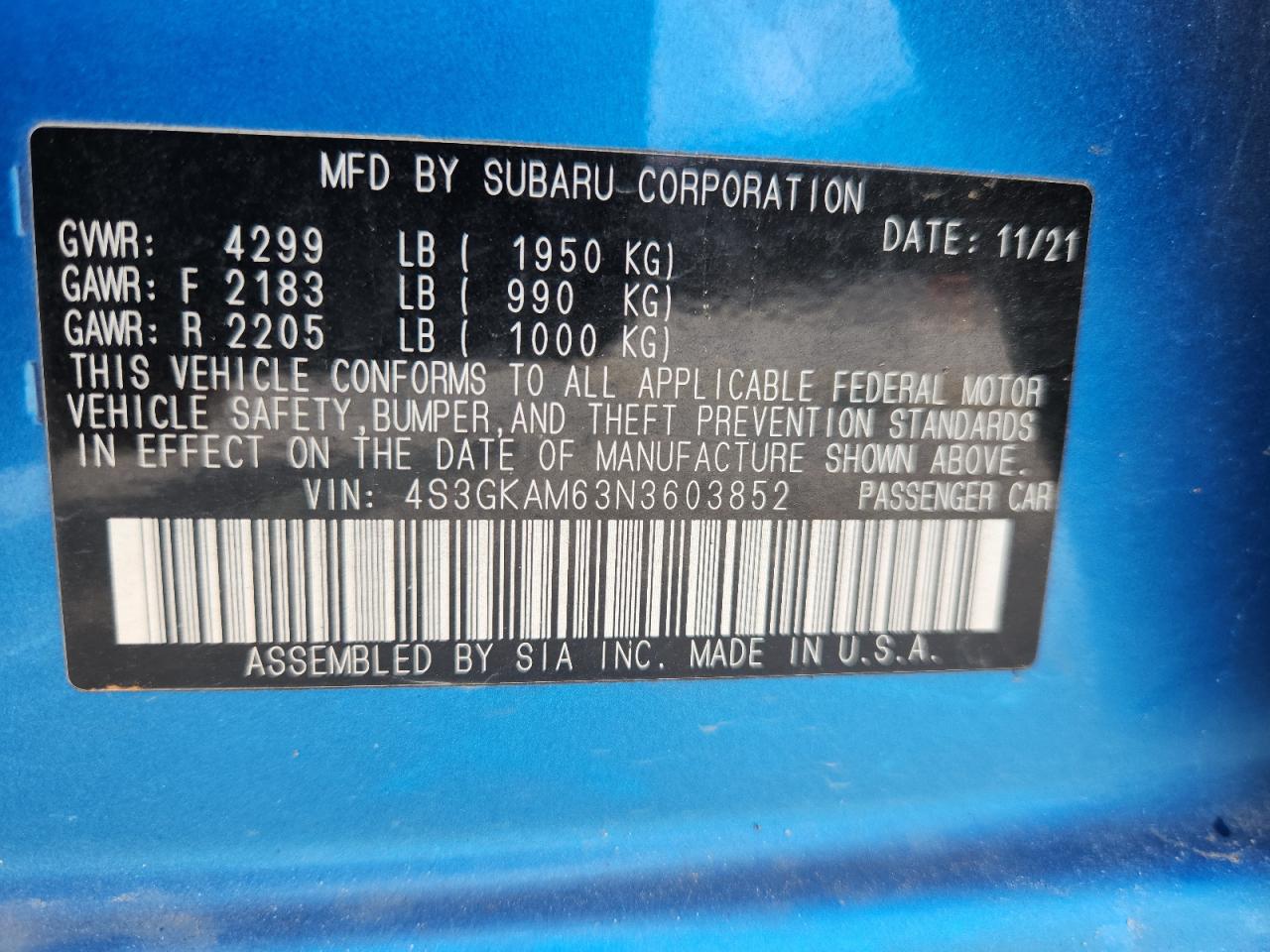 2022 Subaru Impreza Sport VIN: 4S3GKAM63N3603852 Lot: 62514665
