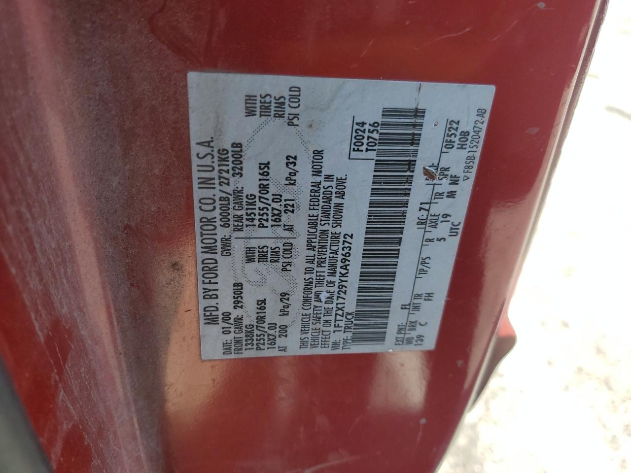 2000 Ford F150 VIN: 1FTZX1729YKA96372 Lot: 63636815
