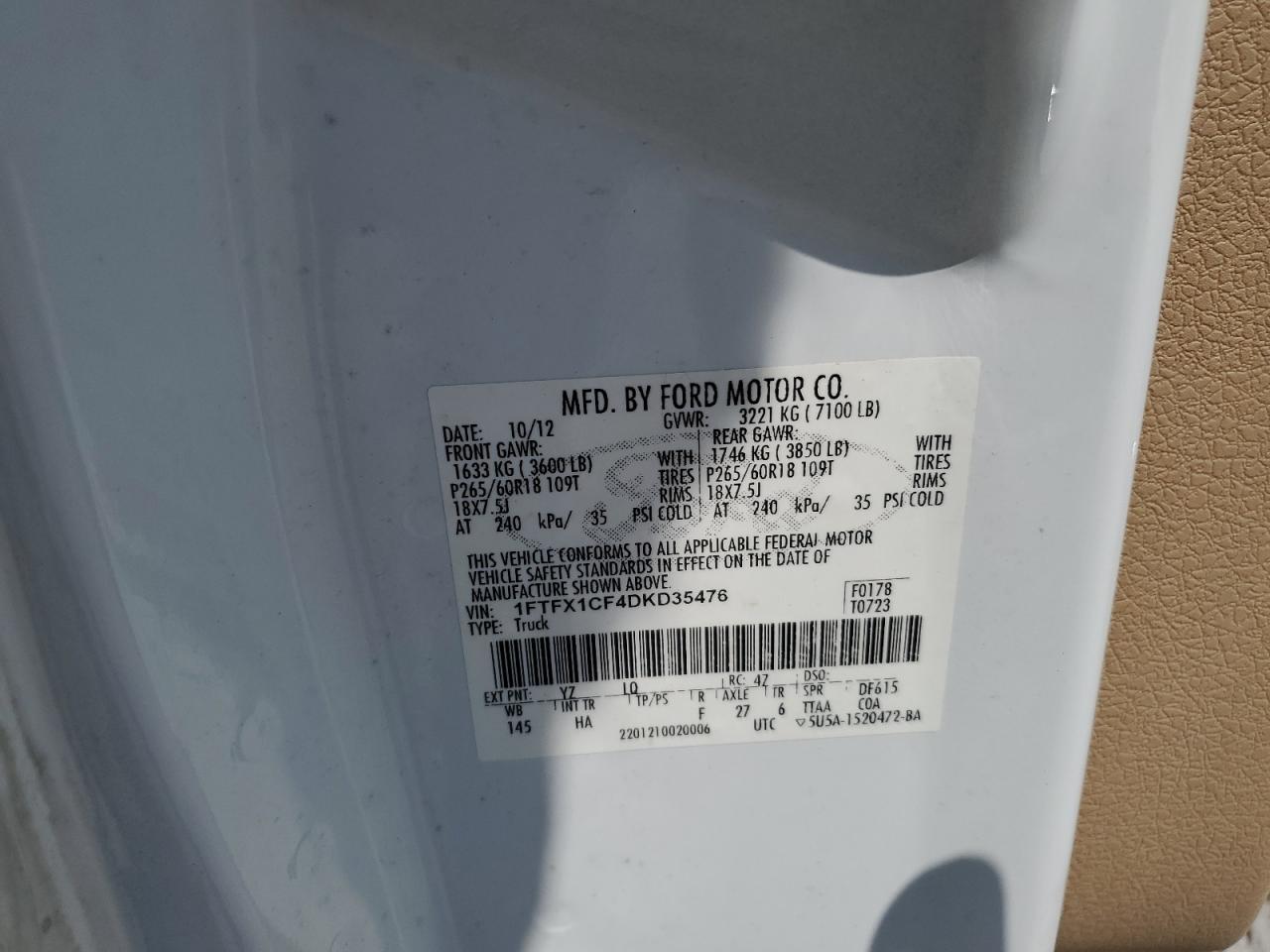 2013 Ford F150 Super Cab VIN: 1FTFX1CF4DKD35476 Lot: 63617505