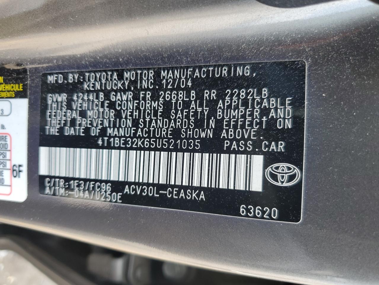 2005 Toyota Camry Le VIN: 4T1BE32K65U521035 Lot: 63691275