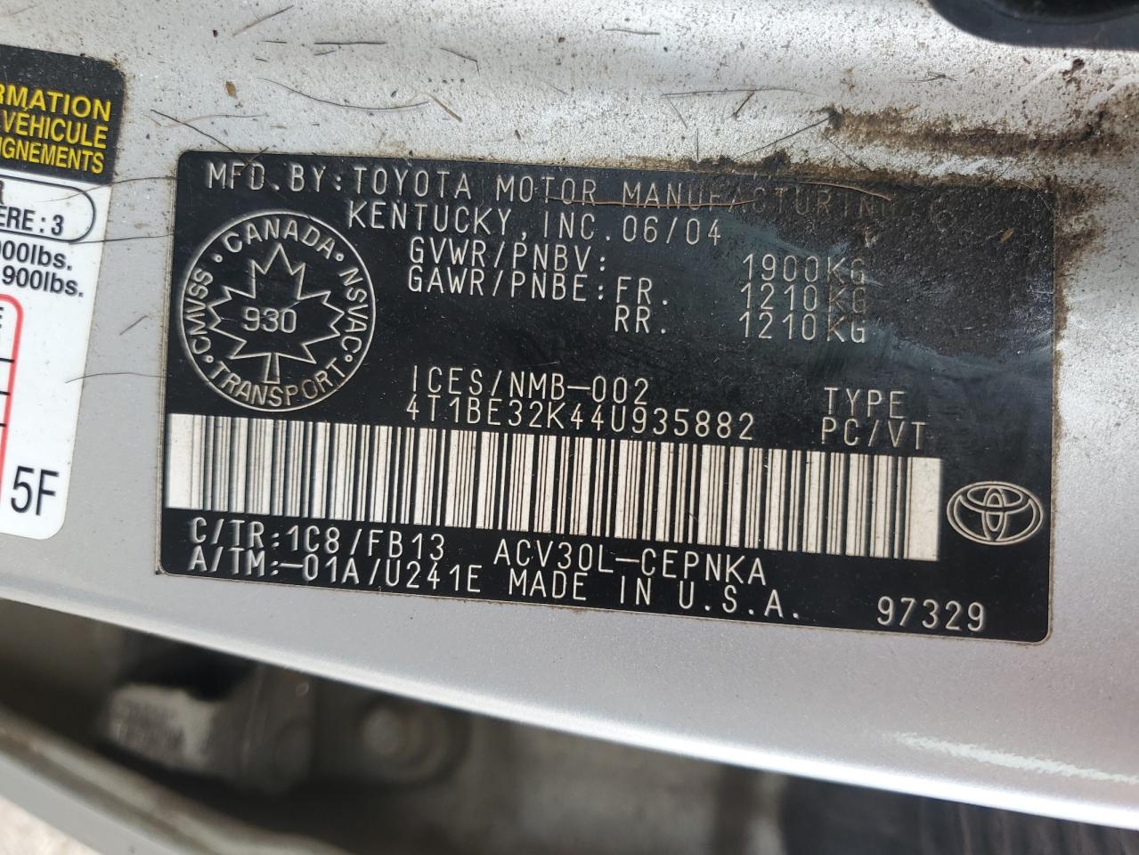 2004 Toyota Camry Le VIN: 4T1BE32K44U935882 Lot: 65652095