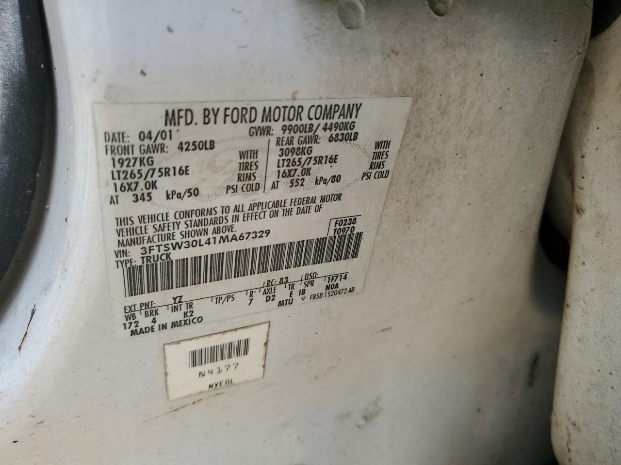 2001 Ford F350 Srw Super Duty VIN: 3FTSW30L41MA67329 Lot: 65167635